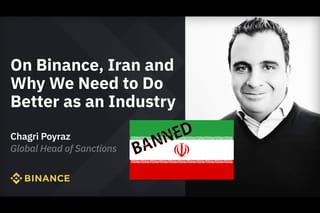 Binance Global Head of Sanctions Chagri Poyraz blog post cover with Iranian flag and "banned" sign