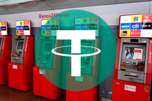 Tether logo on the background of Banco24Horas ATMs