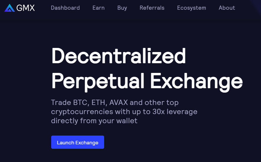 GMX exchange front page