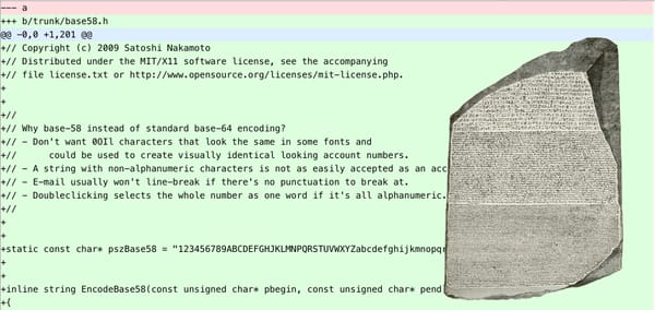 Lost & Found Bitcoin Version 0.1 Codebase. Part oа еру code and Rosetta Stone collage.