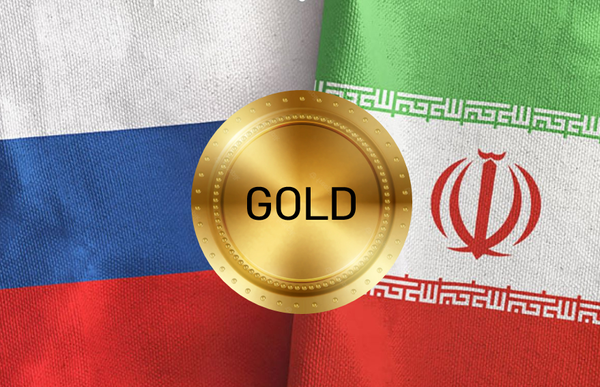 Gold coin on the background of the flags of Russia and Iran.