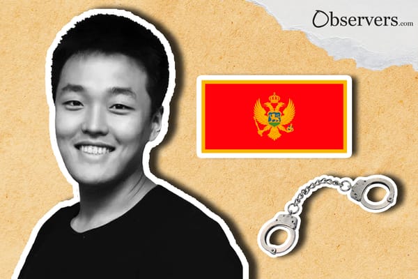 Do Kwon on the background of the flag of Montenegro and handcuffs.