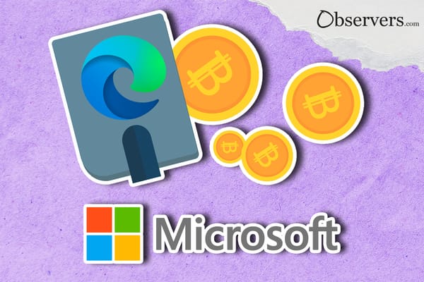 Microsoft logo, wallet with Bitcoins and Microsoft Edge logo