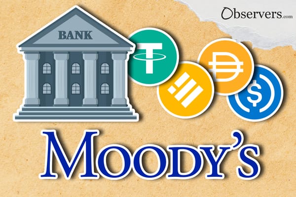 Moody's logo on the background of a bank and stablecoins.