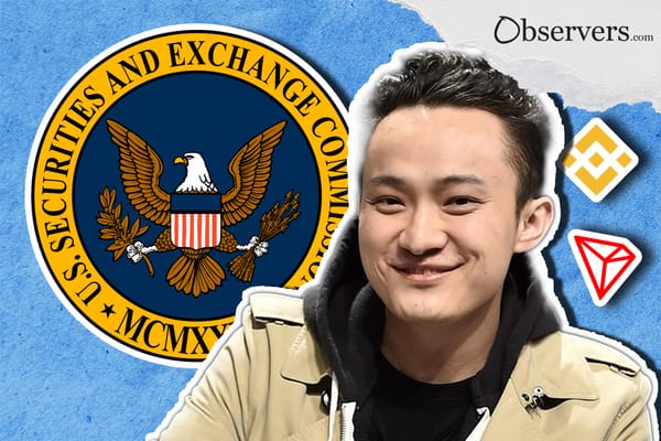 Binance and Tron logo, Justin Sun portrait and SEC emblem.