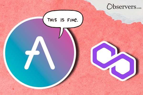 Aave logo, Polygon logo, Text cloud from the "This is fine" meme