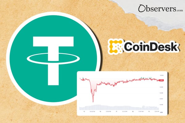 Tether logo, Coindesk logo, USDT price chart